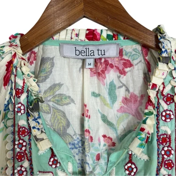 bella tu Floral and Beaded Boho Tunic Mini Dress with V-Neckline Tassel Medium - Picture 4 of 6